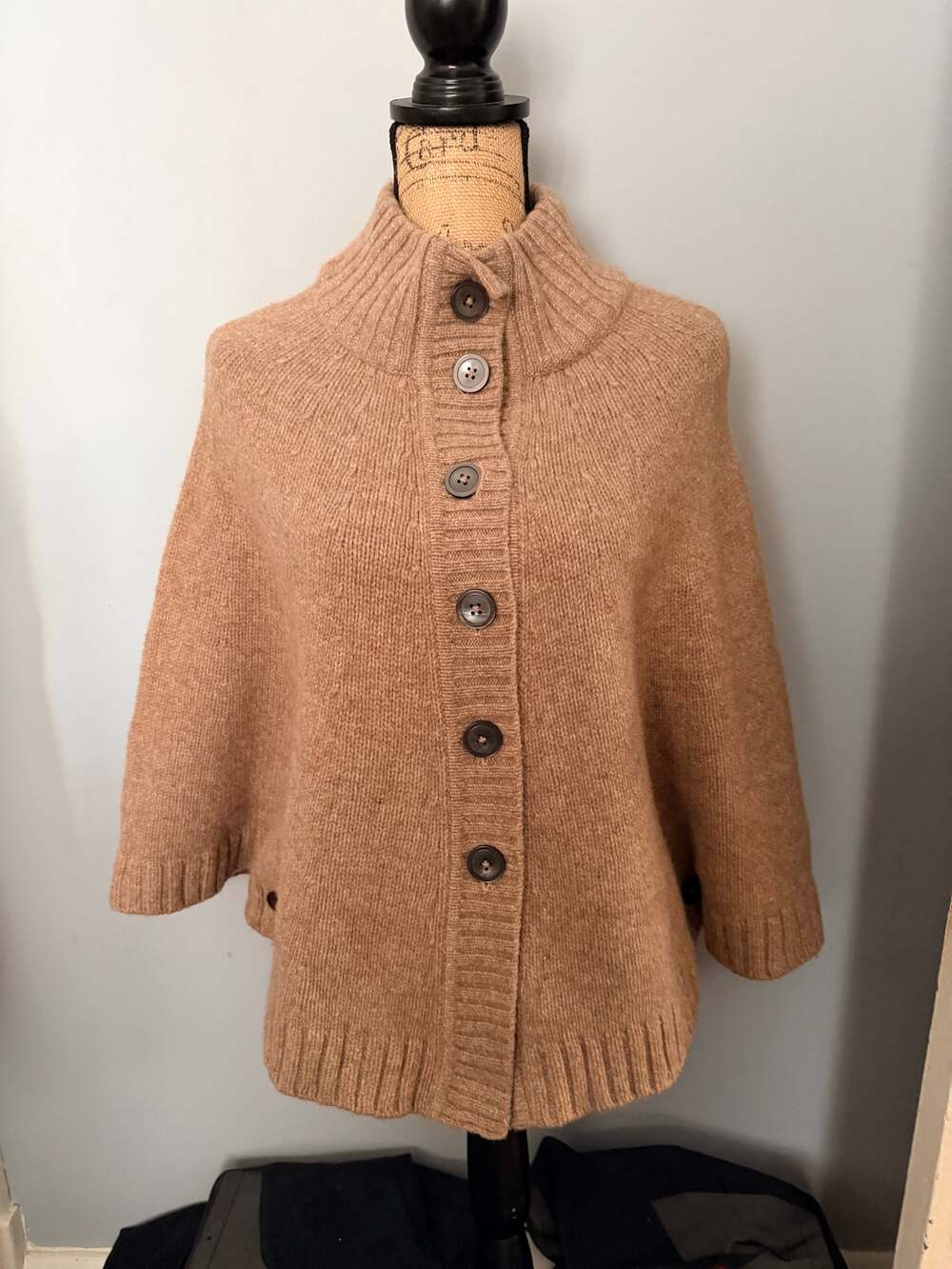 Brooks Brothers Camel Wool Knit Button-Front Cape Poncho Sweater